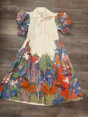 Maeve White Cotton Dress with Bold Multicolor Floral Print and Puff Sleeves